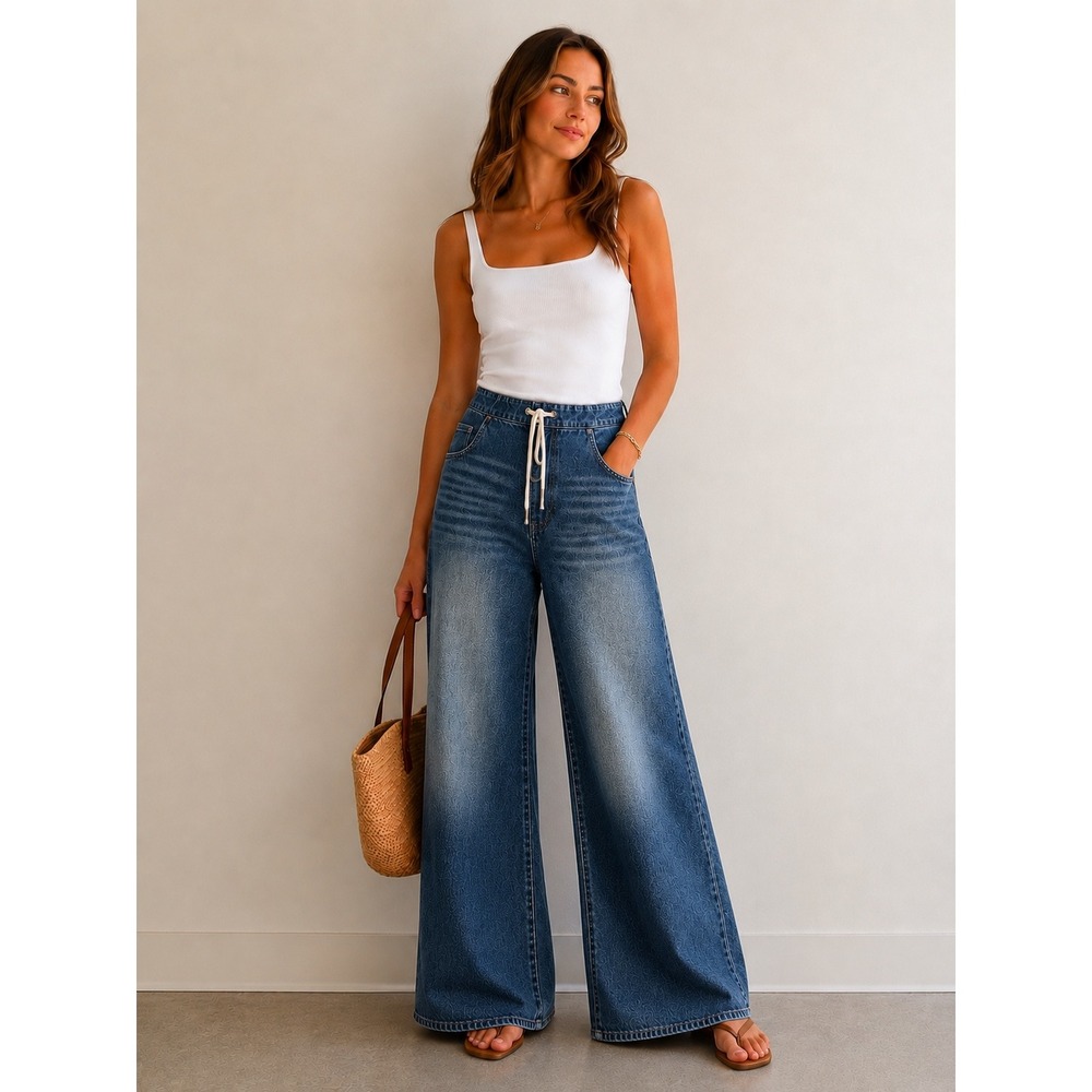 DAZE Wasteland Wide Leg Jeans Size 30 Drawstring 100% Cotton Medium Wash